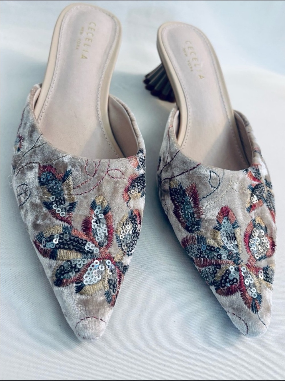 CECELIA NEW YORK Embroidered Velvet Heeled Mules
